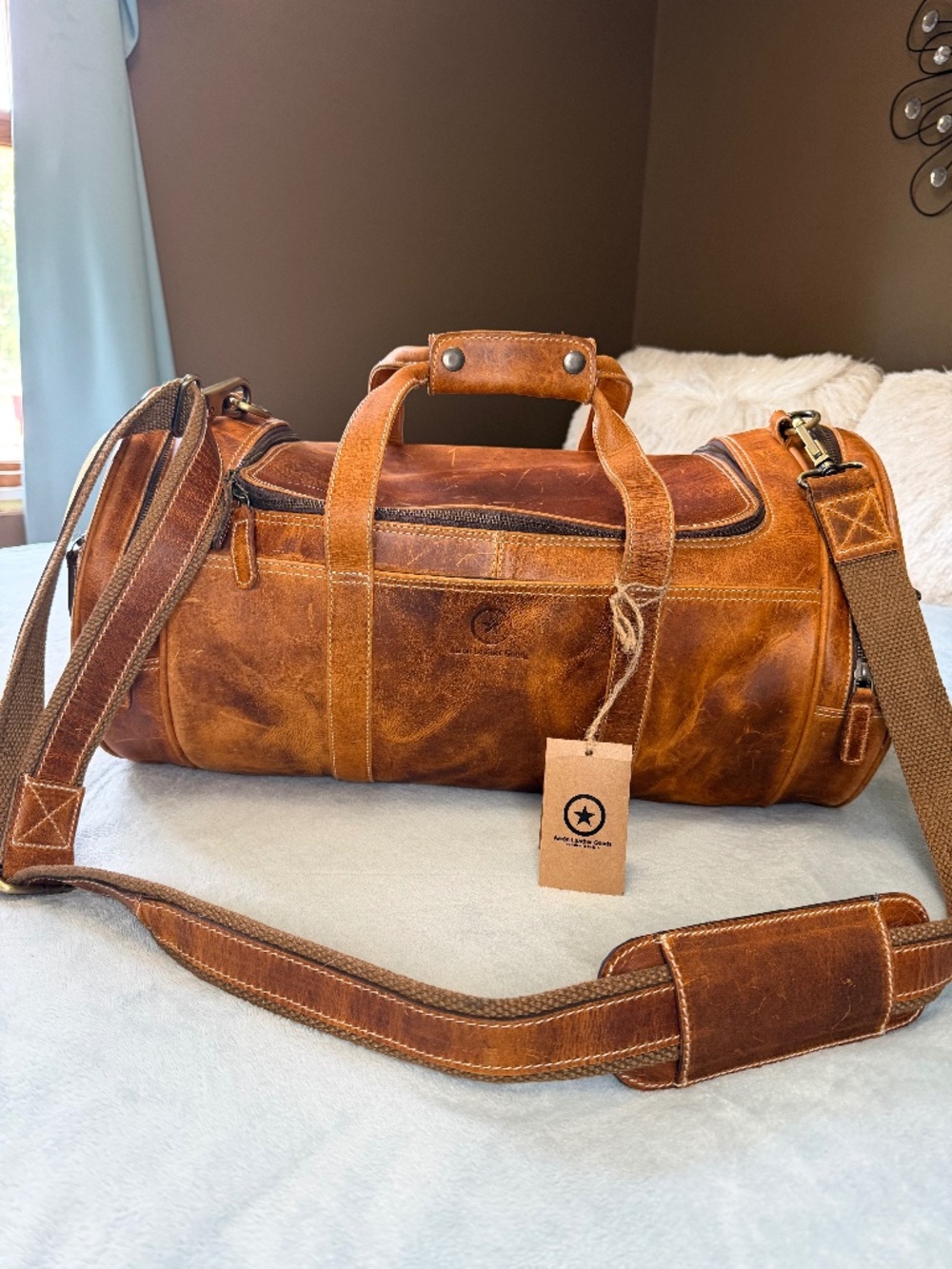 Aaron Leather Goods Genuine Leather Duffel Bag Brown Travel Weekender Carry-On
